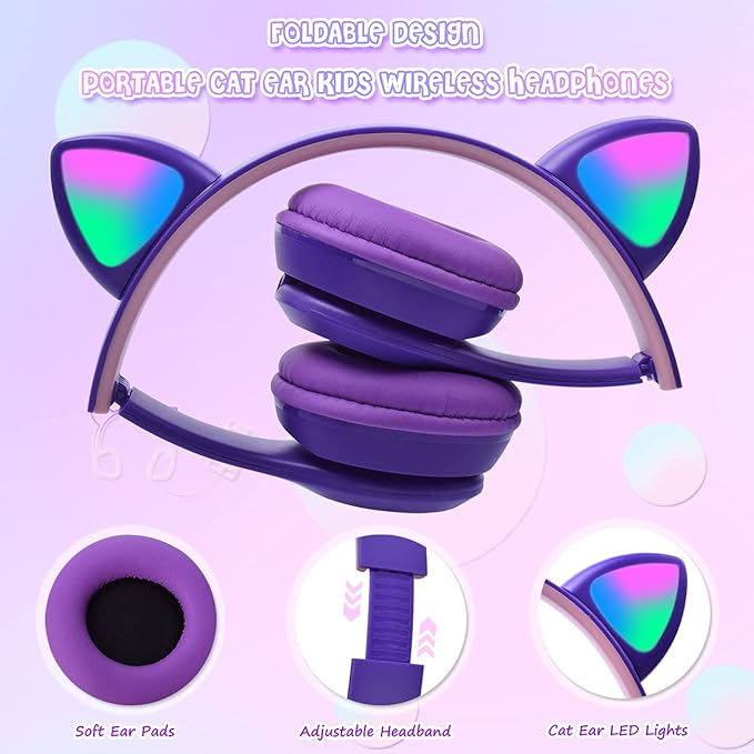 🐾🎧 Cute Cat Ear Wireless Bluetooth Headphones with LED Flash Light – Perfect Gift for Music & Style Lovers! 💖✨