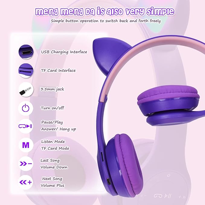 🐾🎧 Cute Cat Ear Wireless Bluetooth Headphones with LED Flash Light – Perfect Gift for Music & Style Lovers! 💖✨