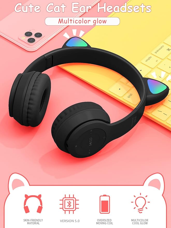 🐾🎧 Cute Cat Ear Wireless Bluetooth Headphones with LED Flash Light – Perfect Gift for Music & Style Lovers! 💖✨