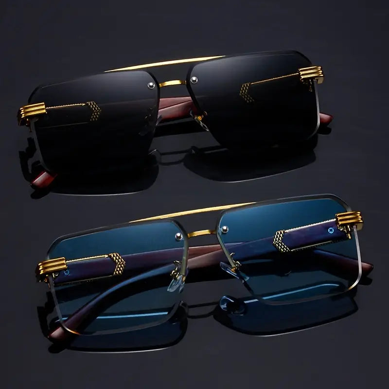 🕶️ 2PCS  Frameless Fashion Glasses – Unisex Classic  Eyewear with Wooden Pattern Temples 🌿✨