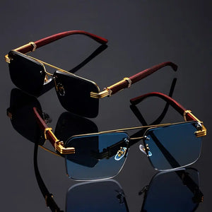 🕶️ 2PCS  Frameless Fashion Glasses – Unisex Classic  Eyewear with Wooden Pattern Temples 🌿✨